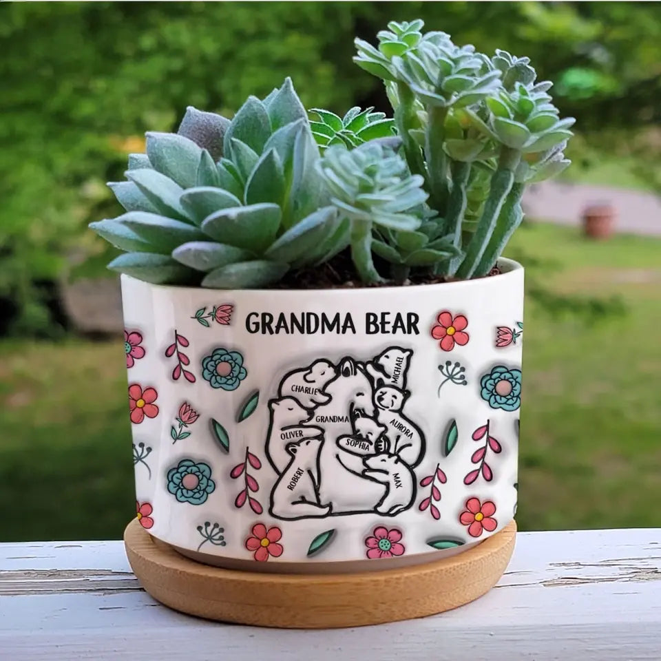 Personalized Mama Bear Floral Style 3D Inflated Effect Printed Flower Pot