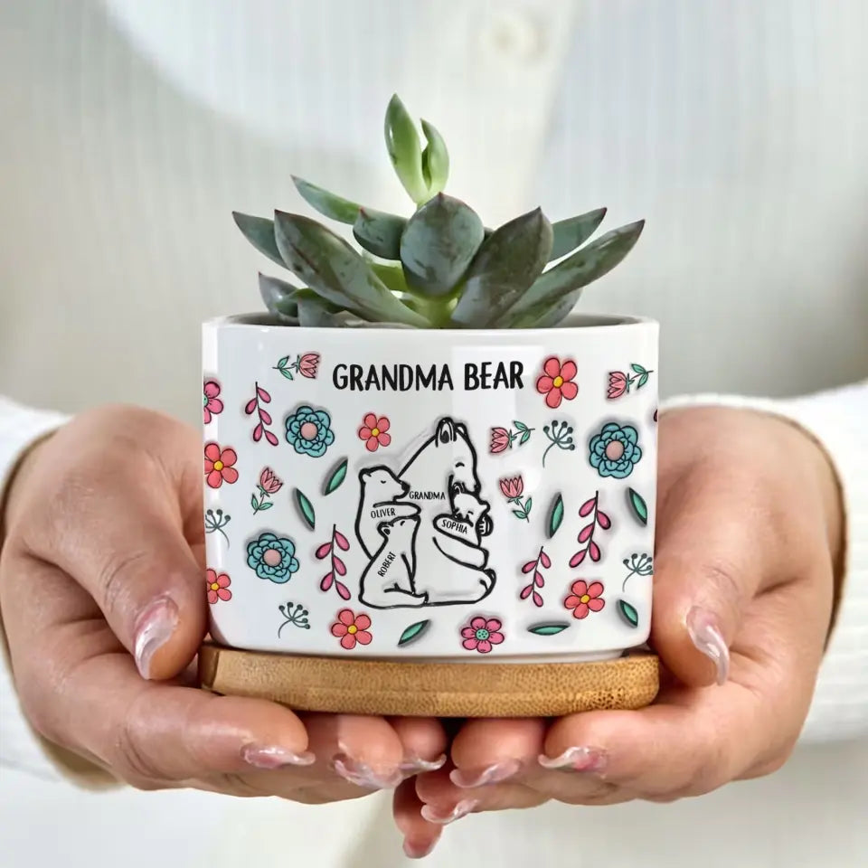 Personalized Mama Bear Floral Style 3D Inflated Effect Printed Flower Pot